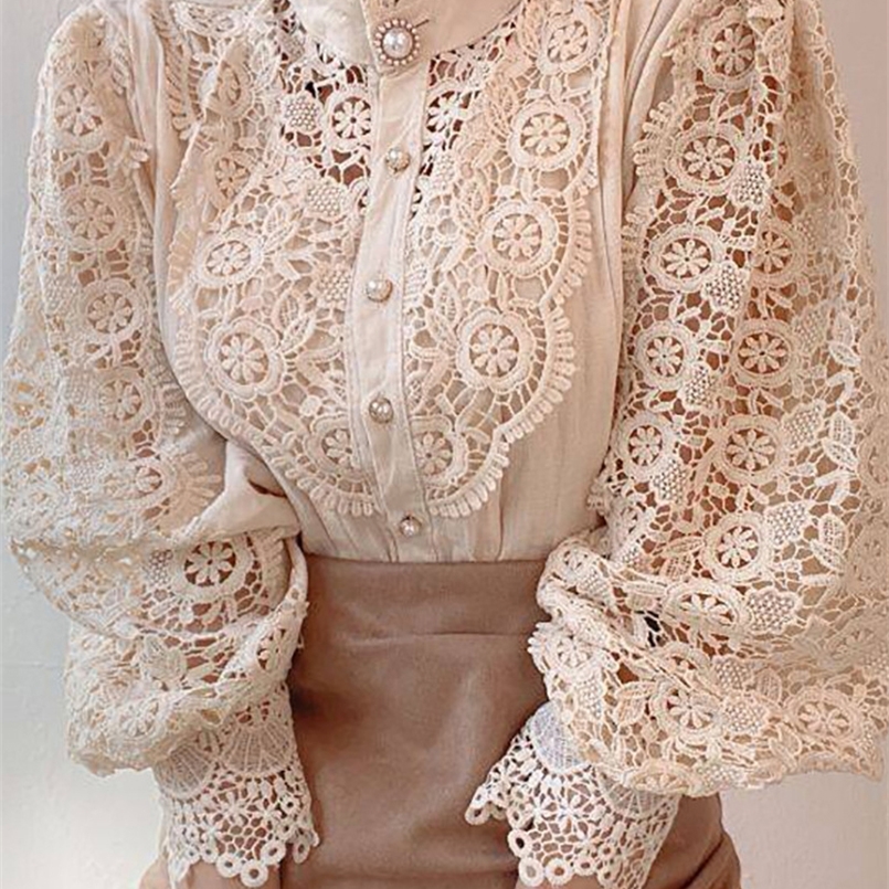 

Women Chiffon Button Turtleneck Shirt Chic Elegant Floral Lace Fluffy Long Sleeve Top Fashion Hollow Oversize White Blouse 220407, Black