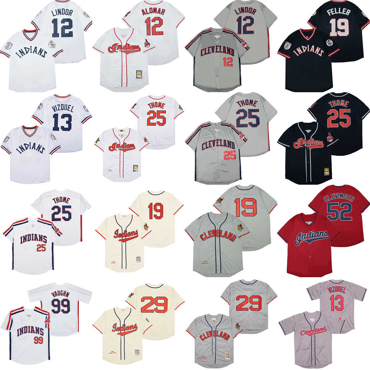 

1948 1995 Throwback Baseball Vintage 25 Jim Thome Jersey 12 Roberto Alomar 19 Bob Feller 29 Satchel Paige 13 Omar Vizquel 99 Rick Vaughn 52 Mike Clevinger Pullover, White