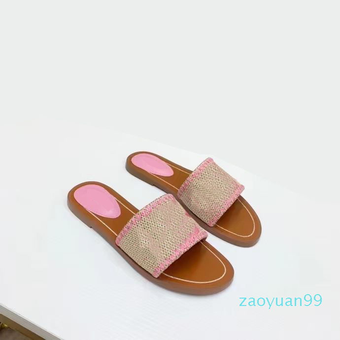 

2022 women slippers top quality outdoor banquet Slide shoes pp straw summer leather sandals multicolor flat heel Mule letter Size 35-42 5555, Black