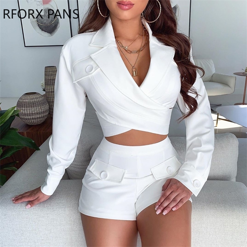 

Women Soild Vneck CrissCross Backless Top with Buttons Shorts Two Piece Set 220613, White