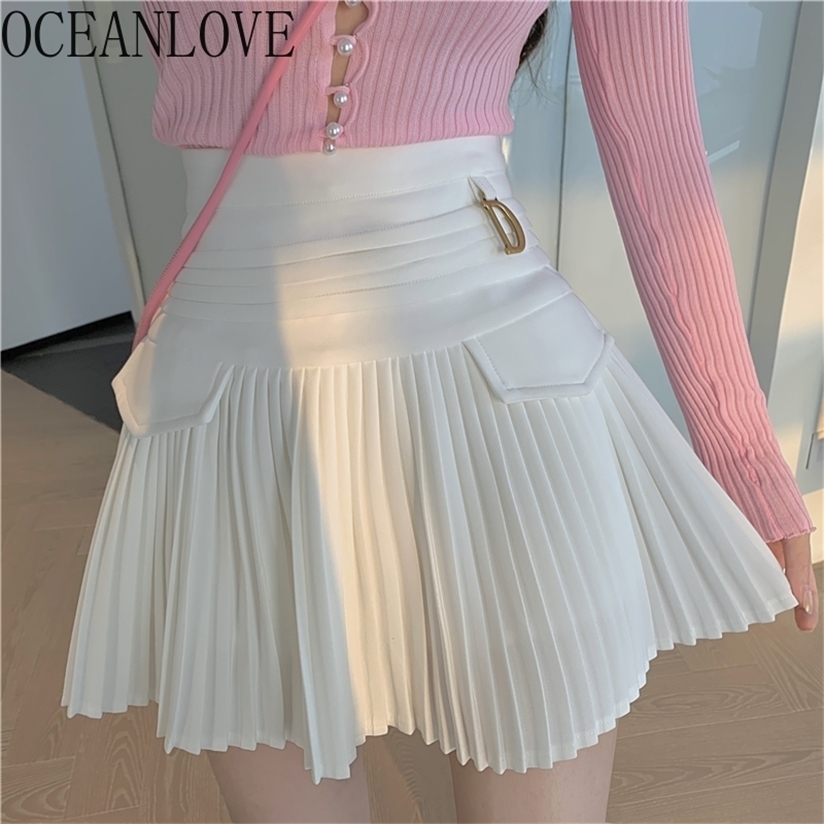 

OCEANLOVE Pleated Skirts Solid A-line High Waist Sweet Spring Summer Mujer Faldas Retro Sexy Korean Fashion Woman 220322, Black