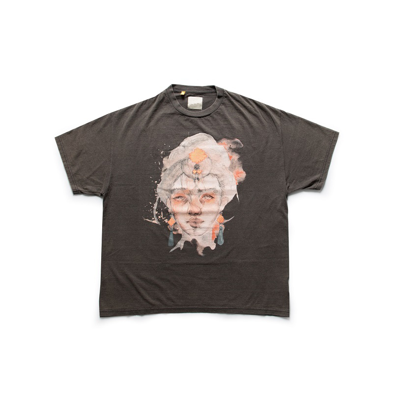 

22ss Spring Summer USA Vintage Women Head Picture Golden Print t shirt Men Fashion Unisex Tee Street Casual cotton Tshirt, Distressed black