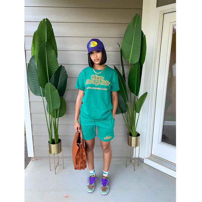 

Women' Tracksuits Two-Piece Set Women Sexy Spring Summer Letter Print Short Sleeve T-shirt Top+Shorts Sets Fitness Lounge Streetwear Wholes, Green
