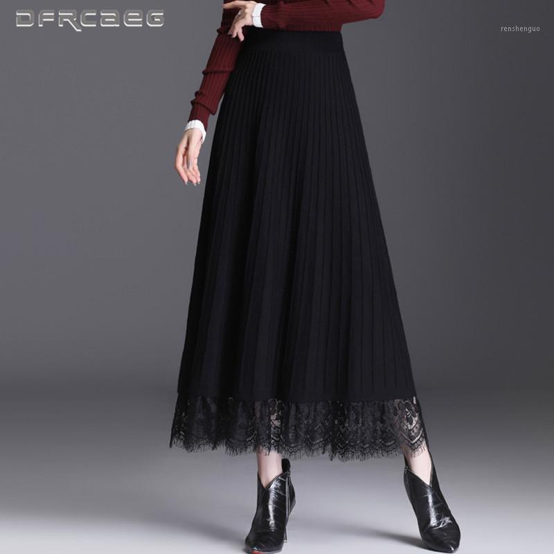 

Black Patchwork Lace Knitted Long Skirt Women 2022 Autumn Winter Elegant Elastic High Waist Sweater Knit Pleated Skirts Woman