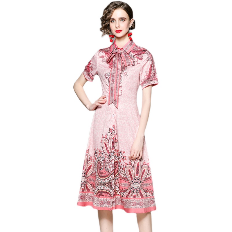

Summer Runway Paisley Floral Dress Short Sleeve Woman Designer Vintage Lapel Bow Lace Up Slim Button Up Shirt Pink Dress 2022 Women Clothes Casual Party Midi Frock