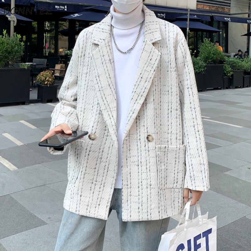 

Men's Suits & Blazers Men All-match Japan Style Spring Handsome Plaid Young Students Fashion Couple Streetwear Youth Loose Simple Long Sleev, Black