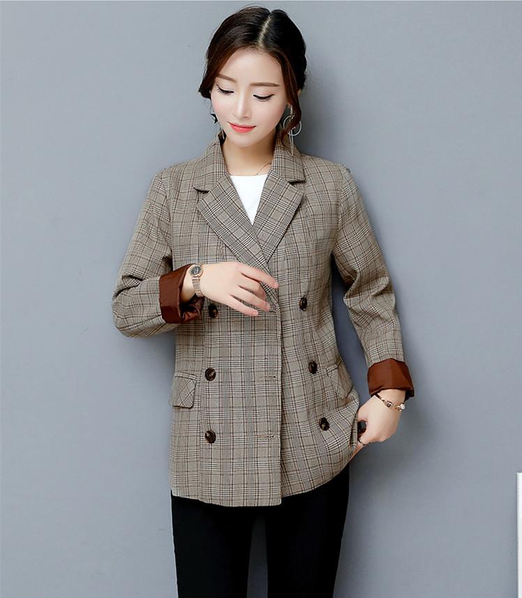 

Women' Suits & Blazers Women Plaid Blazer Autumn Winter Casual Female Long Sleeve Double Breasted Vintage Suit Jacket Office Ladies Outerwe, Gray