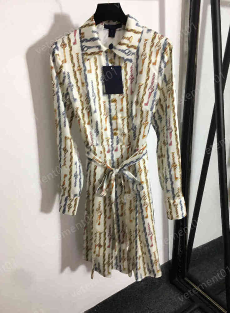 

Fashion Womens Dresses Golden Key Print Tie Waist Lapel Long Sleeve Dress Elegant Luxury Sexy Designer Women Clothing 0912