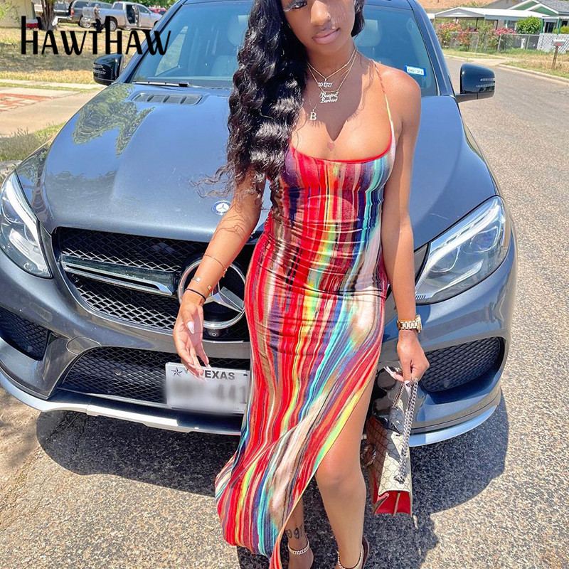 

Hawthaw Women Summer Fashion Sleeveless Printed Bodycon Backless Open Fork Split Dress Sundress 2021 Female Clothing Streetwear, Blue