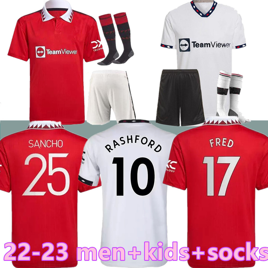 

22 23 SANCHO soccer jerseys BRUNO FERNANDES MAN uTd RASHFORD football shirt 2022 2023 men kids kit sets McTominay Elanga VARANE FRED MAGUIRE full set socks, 22-23 away