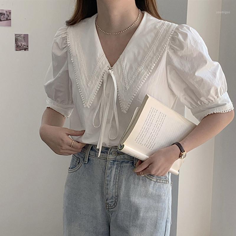 

Women's Blouses & Shirts HziriP Vintage 2022 Gentle Solid Color Design Spliced Turn Down Collar Short-Sleeved Shirt Ladies All-Match Casual, White