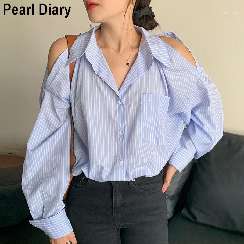 

Women's Blouses & Shirts Autumn Long Sleeve Hollow Out Striped Shirt Loose Single Breasted Casual Tops Women 2022 Korean Style Blusas Mujer, Blue