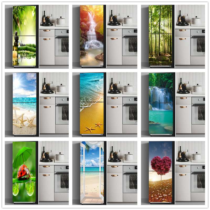 

Fridge Stickers Refrigerator Cover Door Landscape Plant Sea Vinyl Self Adhesive Kitchen Furniture Decor Wrap Freezer Sticker DIY 220716