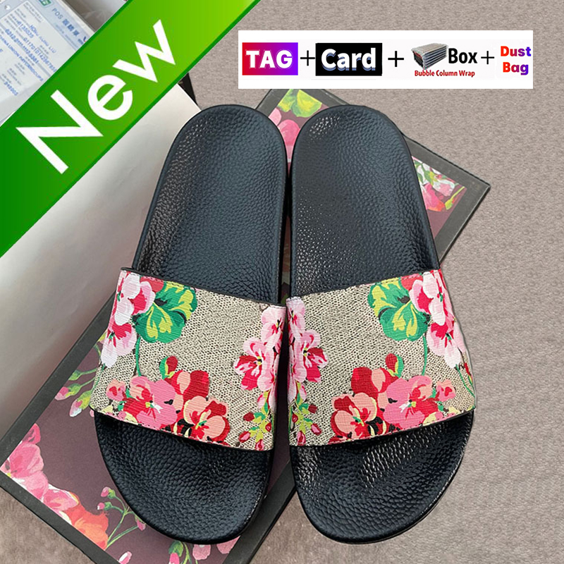 

2022 Newest Men Women slippers flat slides Bloom black floral strawberry print Slide Leather Rubber Mens Womans Slipper red pink Sandals Sandals with Dust bag Shoes, #37- beige gold