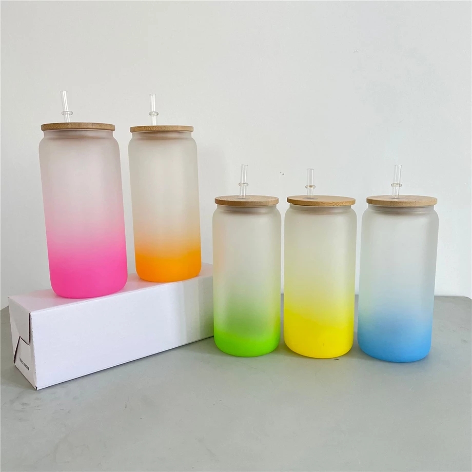 

16oz Sublimation Blanks Mug Jar Wide Mouth Glass Cups Tumbler Cans Beer Coffee Water Bottle Frosted Gradient Color Glasses With Bamboo Lids & Straws