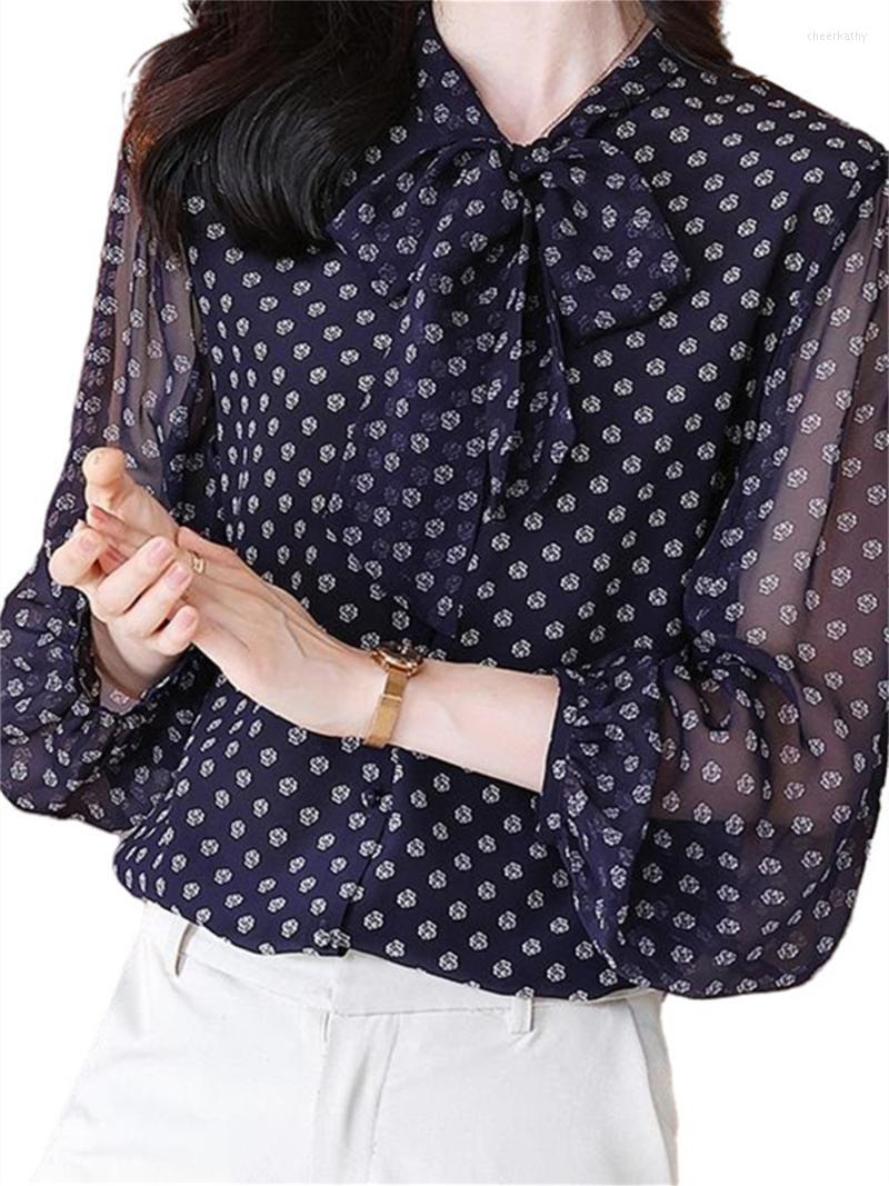 

Women' Blouses & Shirts Women Spring Summer Lady Fashion Casual Long Sleeve Bow Tie Collar Printing Blusas Tops WY0612Women' Chee22, Blue