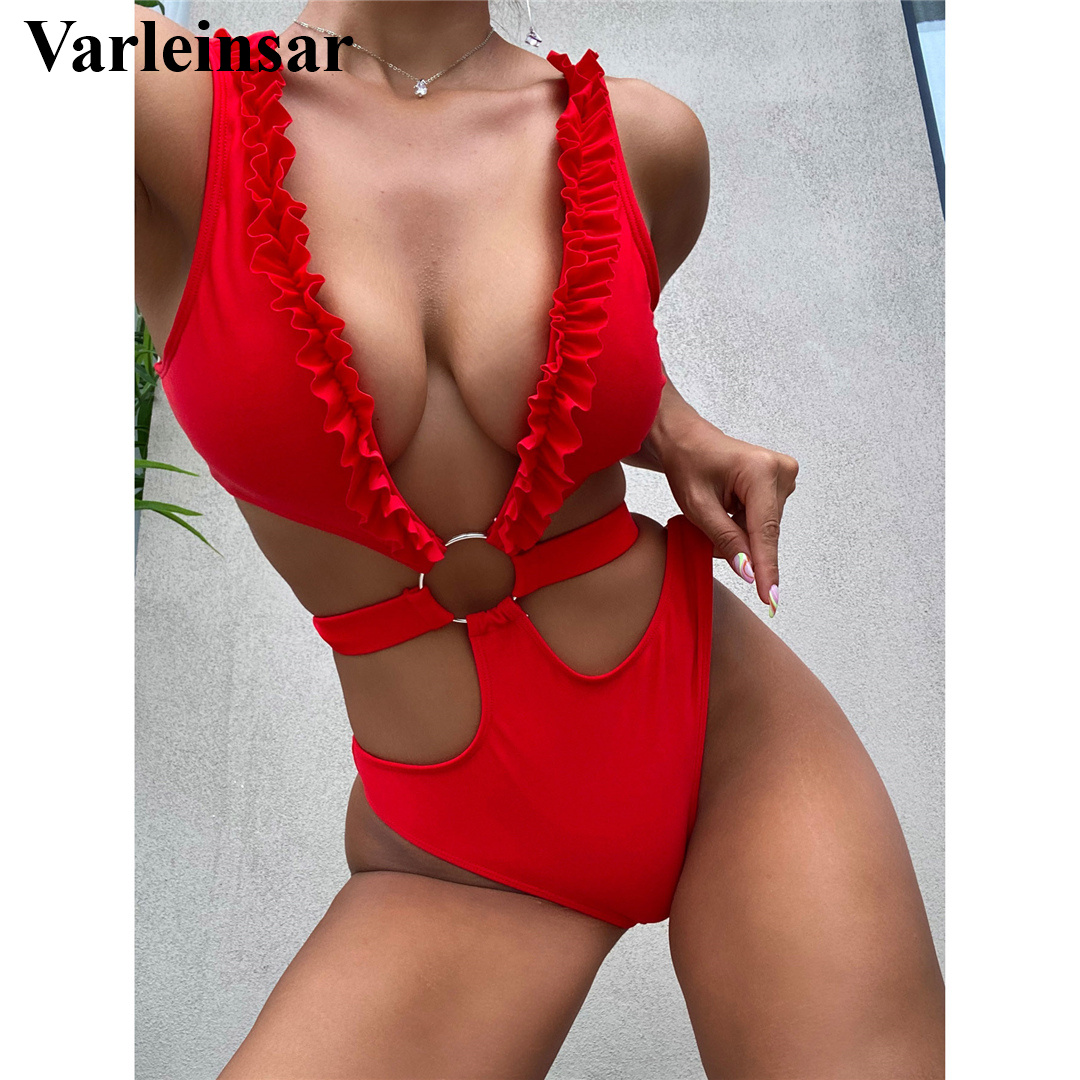 

Sexy Frilled Ruffled Deep V Neck Women Swimwear One Piece Swimsuit Female Monokini Cut Out Bather Bathing Suit Swim Lady V3503, Red