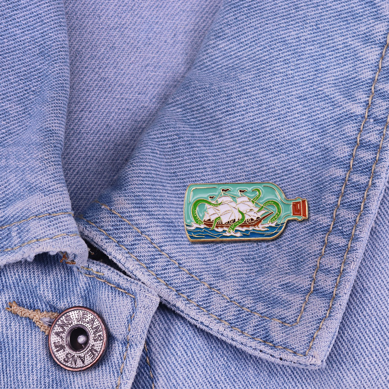 

Flat bottle Pirate Sailing ship and Kraken octopus enamel pin brooch, As picture
