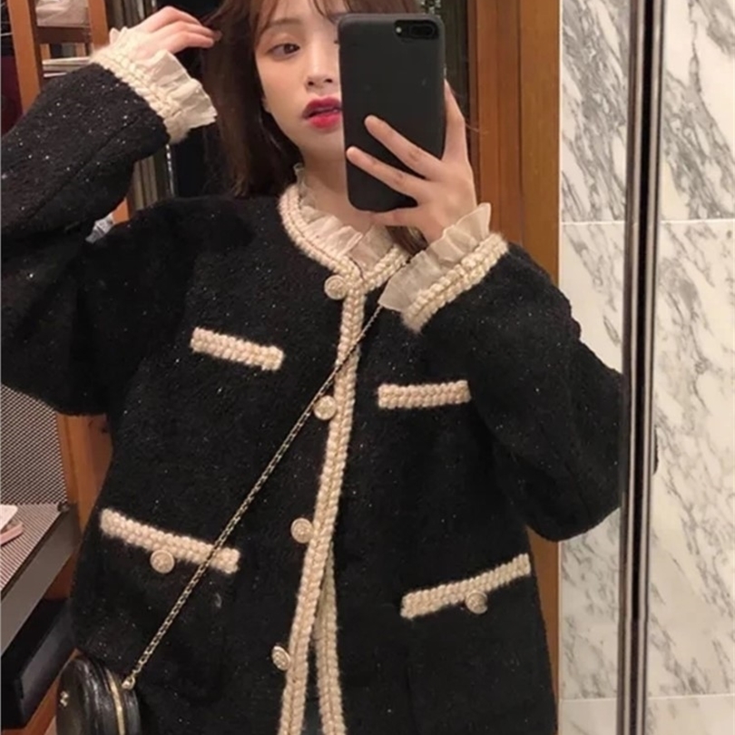 

Hstar Elegant Slim Short Autumn Caot Women Korean style Lace Pathchwork Tweed jackets court style knitted Cardigan outwear 220808, Black