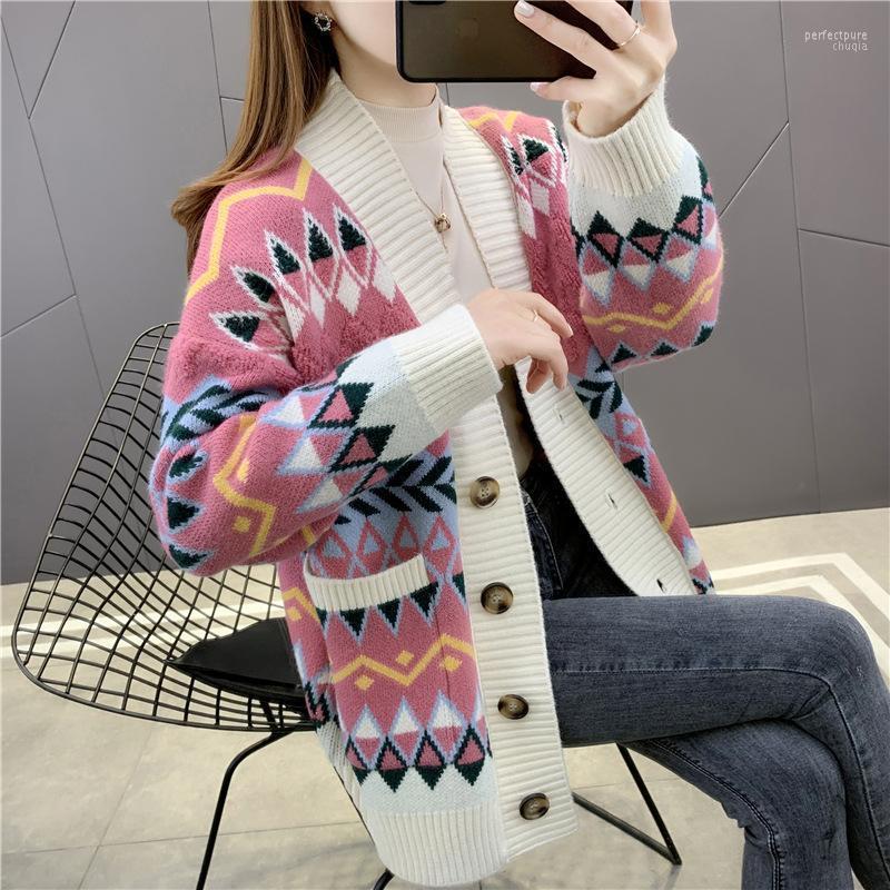 

Women's Knits & Tees Sweater Jacket Women Retro Autumn And Winter Clothes Ladies Knitted Cardigan 2022 Fashion Jacquard Long-sleeved Perf22, Pink