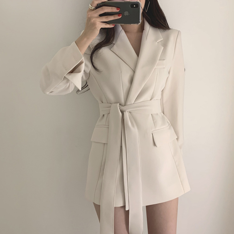 

Vintage Bandage Women Blazer Turndown Collar Sashes Women Jacket Elegant Slim Outerwear 2022 Autumn Full Sleeve Blazers Jacket, Apricot