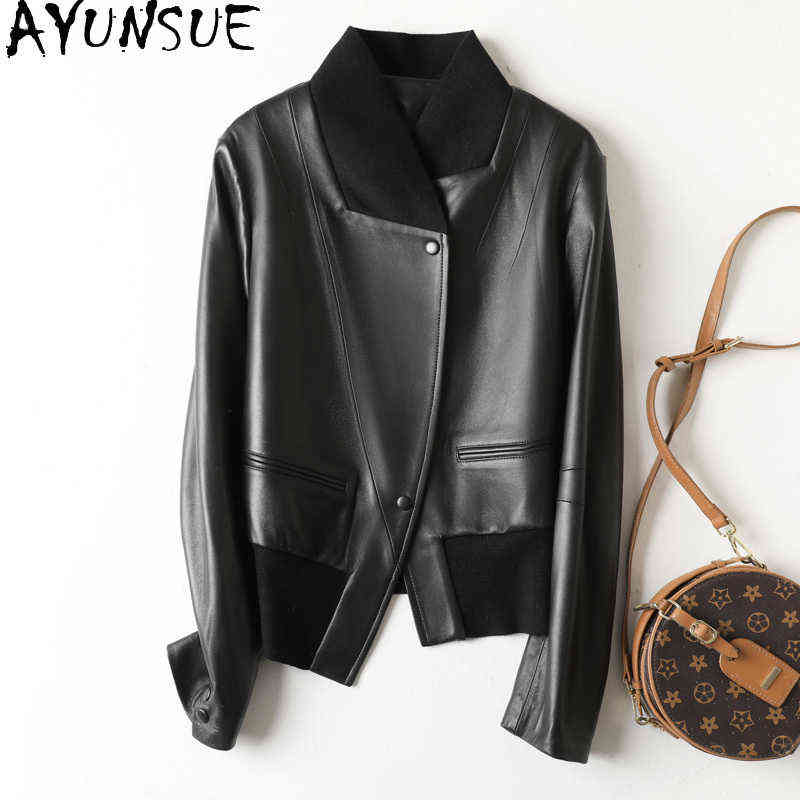 

AYUNSUE Sheepskin Genuine Leather Jacket Motorcycle Women' Leather Jacket Spring Irregular Coats Thin Short Jackets Chaquetas J220727, Black