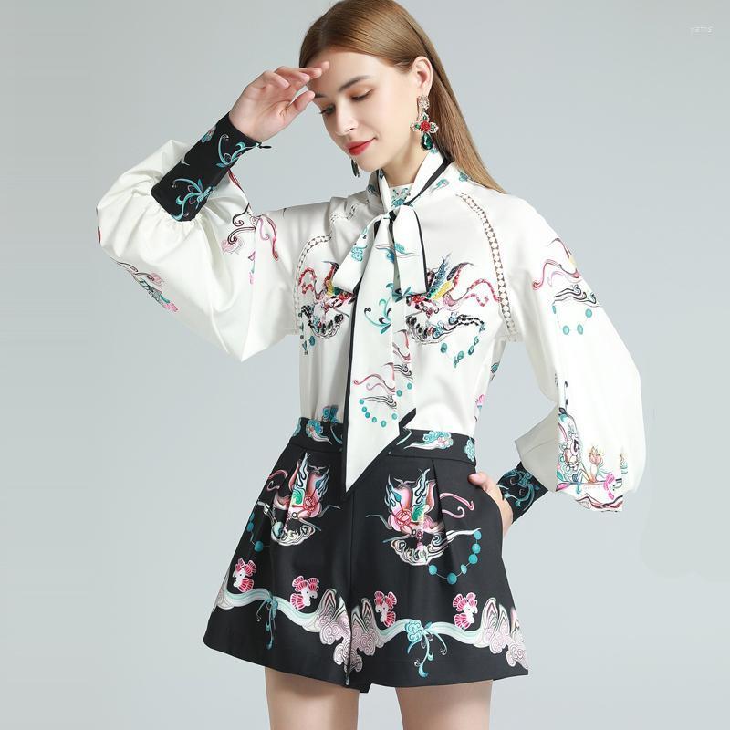 

Summer Holiday Shorts Suit Two Piece Set Designer Women Lantern Sleeve Printed White Shirt Tops Belt Wide Leg Women's Tracksuits