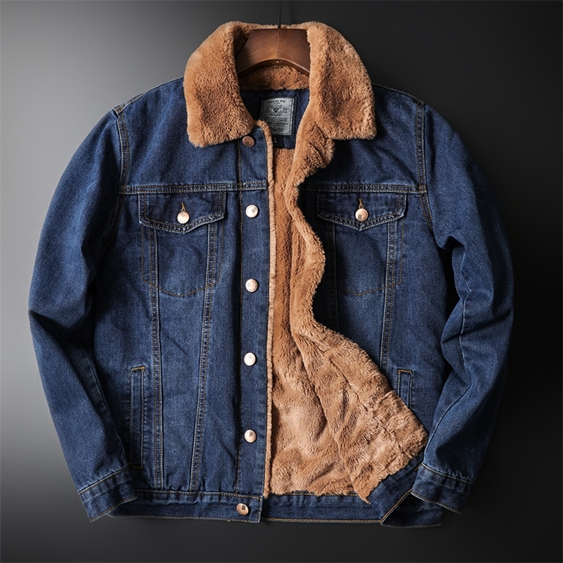 

Winter high quality new men's jeans jacket casual solid color denim jacket plus velvet warm Fur collar jeans jacket Large M-5XL 201116, Light blue