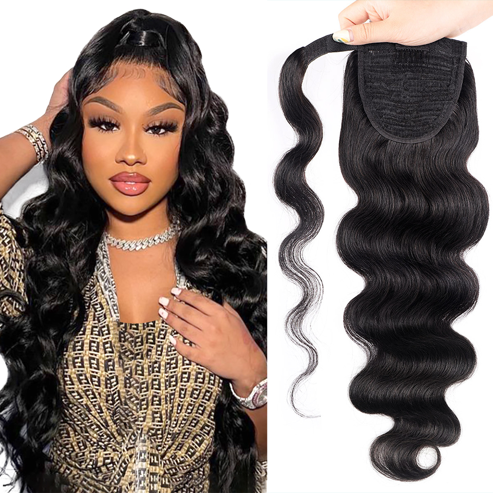 

22" Human Hair Ponytail Wrap Around Clip in Ponytails Hair-Extensions for Women Jet Black(#1) 140g/5oz