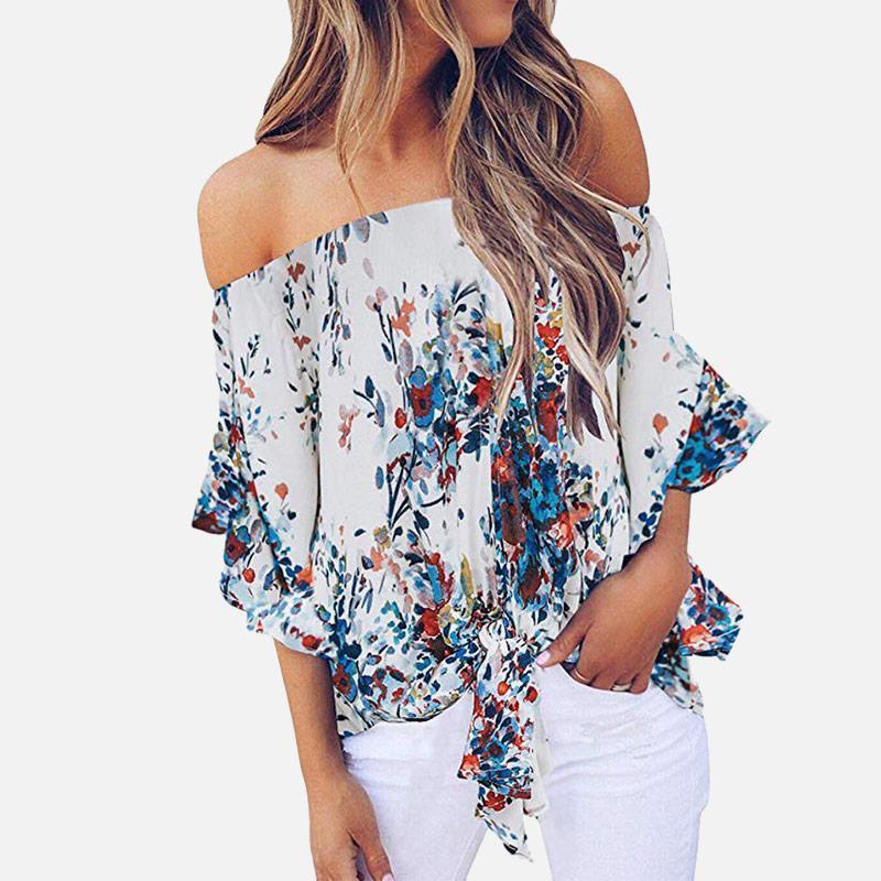 

Off Shoulder Floral Print Women' Chiffon Shirt Top Slash Neck Bowtie 3/4 Sleeve Feminine Blouse Tops 2022 Summer Shirts Woman Blouses1, Purple
