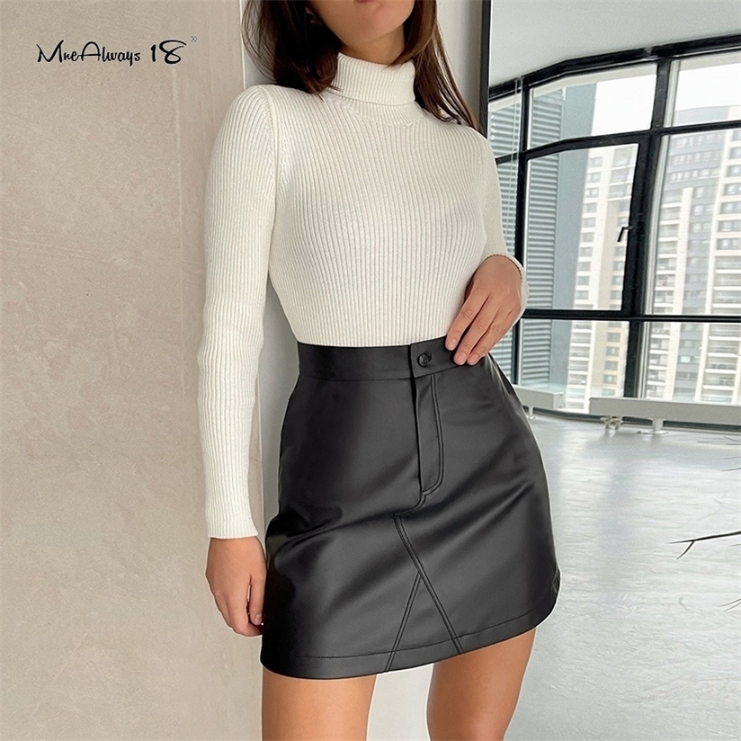 

Mnealways18 Vintage Leather Women Skirts Bodycon High Waist A-Line Skirt Button Fashion Work Winter Ladies Short Zipper 220322, Brown