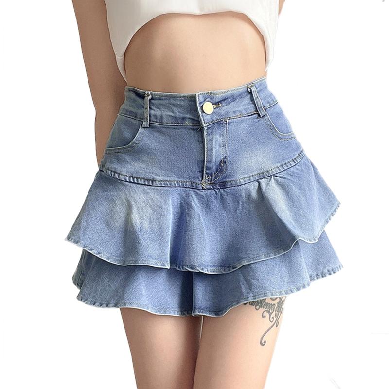 

Skirts Women High Waist A-Line Mini Cake Jeans Skirt Vintage Washed Pleated Ruffles Layered Tiered Casual Slim Denim Streetwear 918FSkirts S