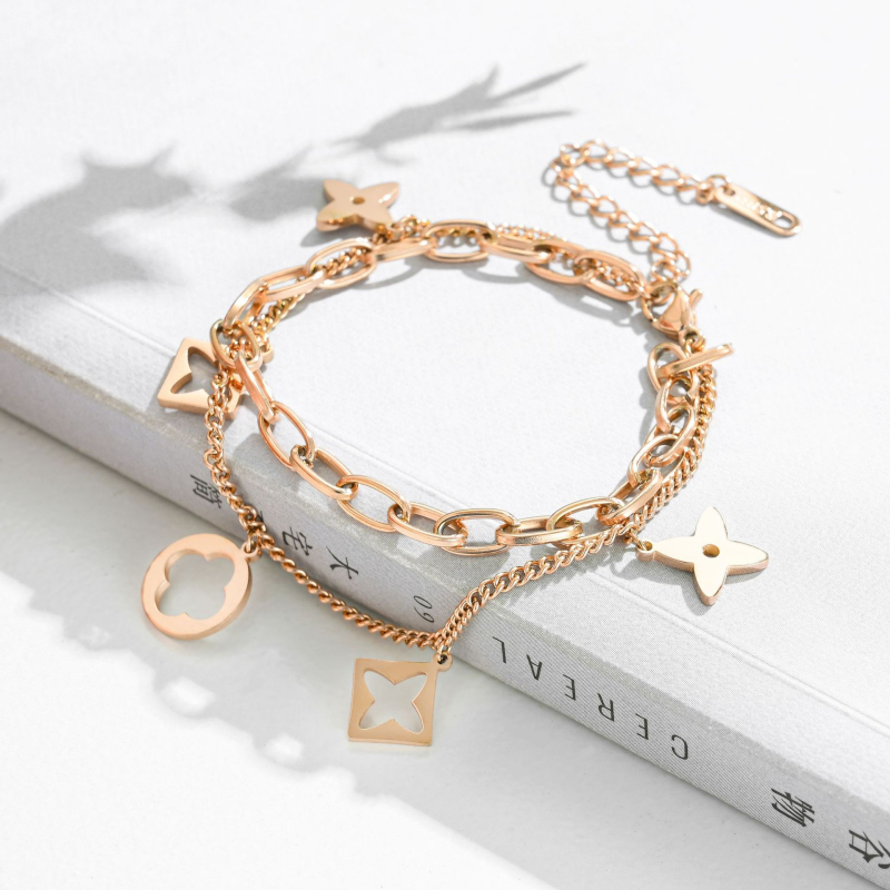 High Quality Double Layered Four Leaf Clover Charm Stainless Steel Bracelet Lucky Women Gift Jewelry-image-767957254