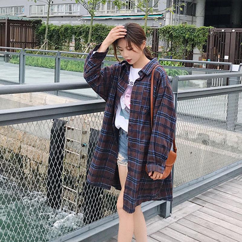 

Women' Blouses & Shirts Zadily 2022 Autumn Women Turn-down Collar Plaid Long Sleeve Shirt X-long Casual Single Breasted Blouse, Qing