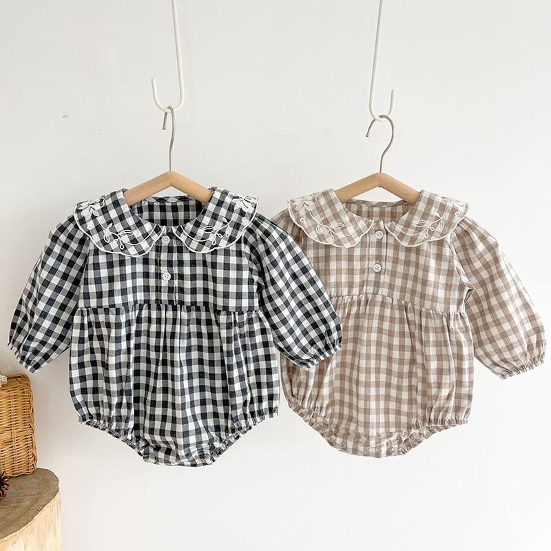 

Jumpsuits Spring Born Infant Baby Girls Grid Embroider Rompers Clothing Autumn Kids Girl Long Sleeve Clothes 0-3YrsJumpsuits, K3747 white