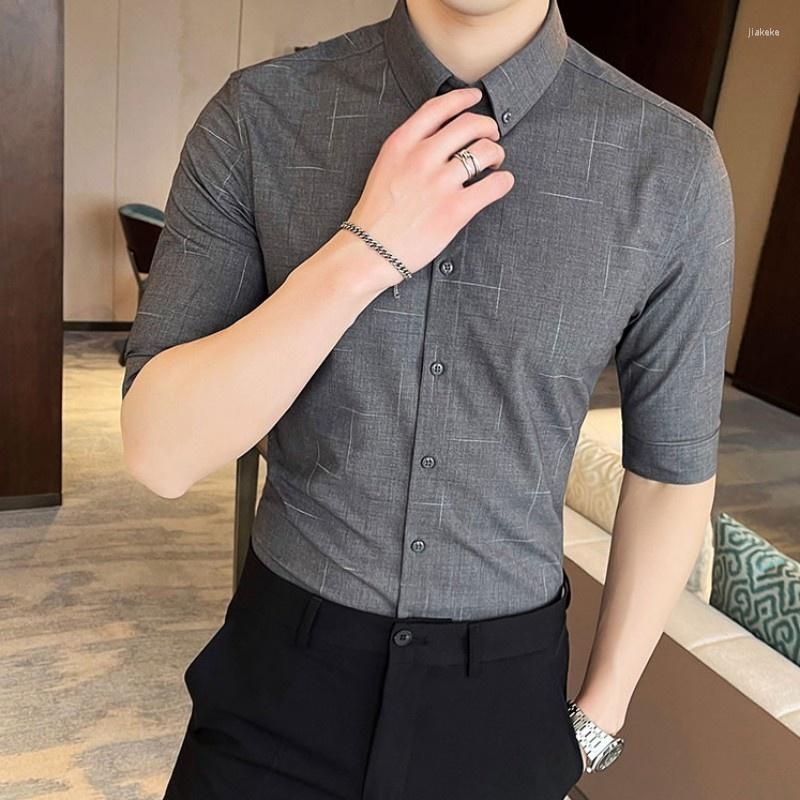 

Men's Casual Shirts Smart Summer Men Shirt Short Sleeve Slim Striped Gray Black White Turn-Down Collar Single Breasted Office TopsMen's