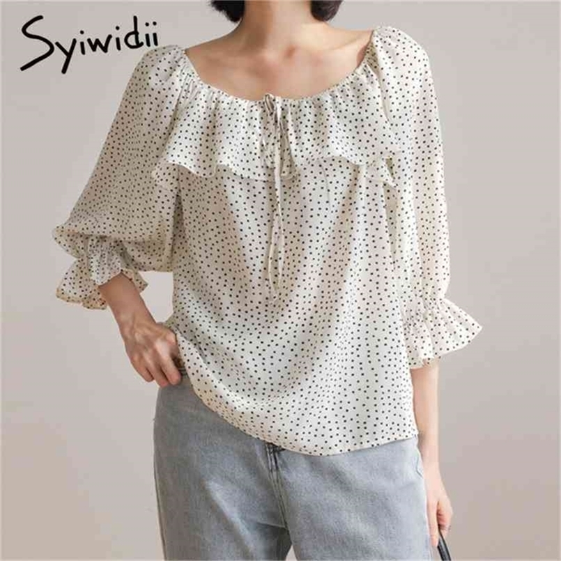 

Polka Dot Blouse Women Off Shoulder Top Slash Neck Chiffon Ruffles Casual White Flare Sleeve Summer Spring Fashion 210607