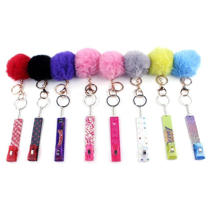 

19 Colors Fashion Credit Card Puller Pompom keychains Acrylic Debit Bank C ard Grabber Long Nail Keychain Cards Clip Nails Key Rings