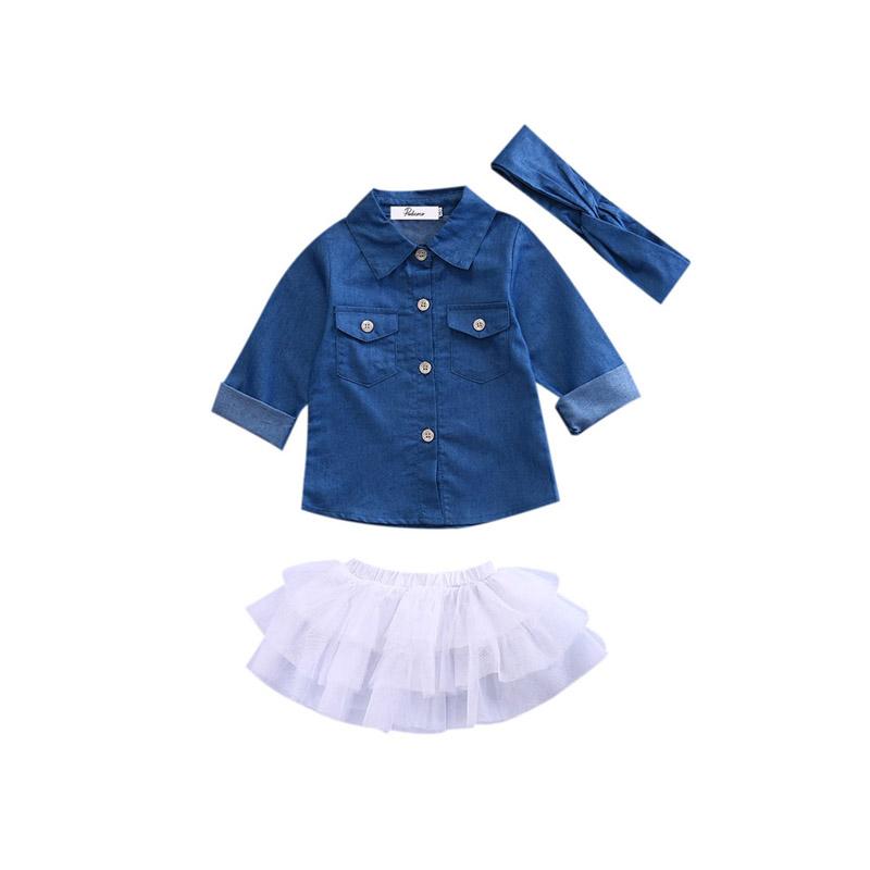 

Clothing Sets Summer Party Fashion Cute Toddler Baby Girls Casual Turn-down Collar Denim Shirt Tops White Lace Princess Skirt HeadbandClothi, As pic