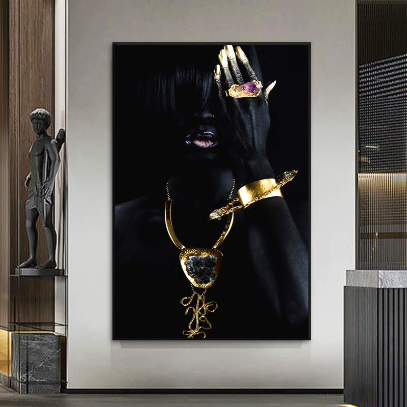 

Gold Necklace African Woman Canvas Painting Figure Art Posters and Prints Black Women Wall Art Pictures for Living Room Decor