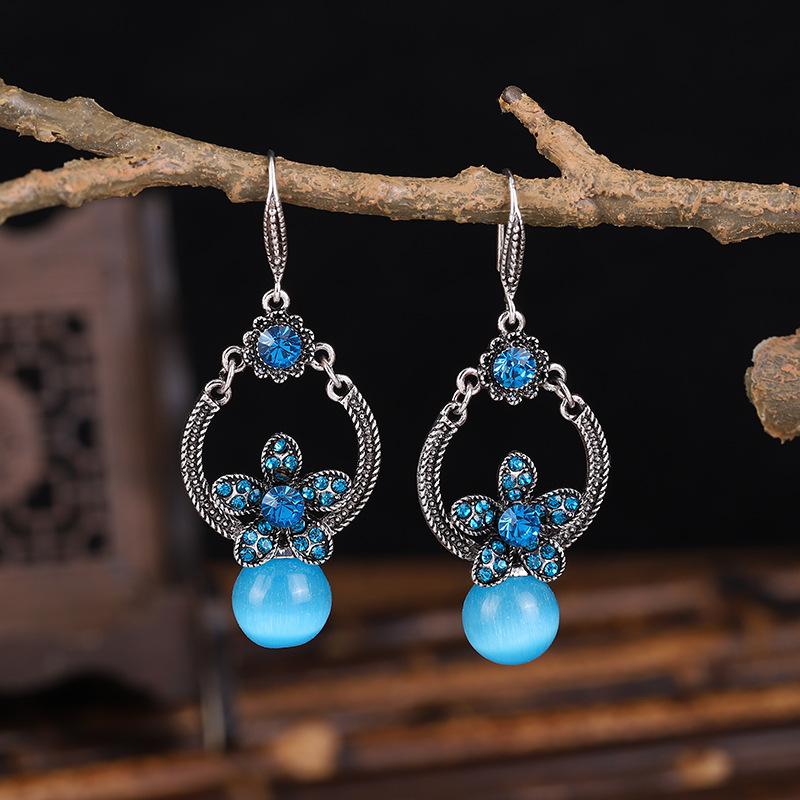 

Dangle & Chandelier Classic Ethnic Blue Opal Ladies Earrings 2022 Vintage Retro Silver Color Diamond Flower OrecchiniDangle