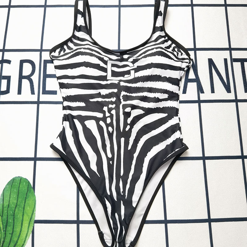 

Fashion Letter Off Shoulder Swimsuit INS Quick Drying Zebra Striped Beachwear Women Pool Vintage Bathing Suit, Black