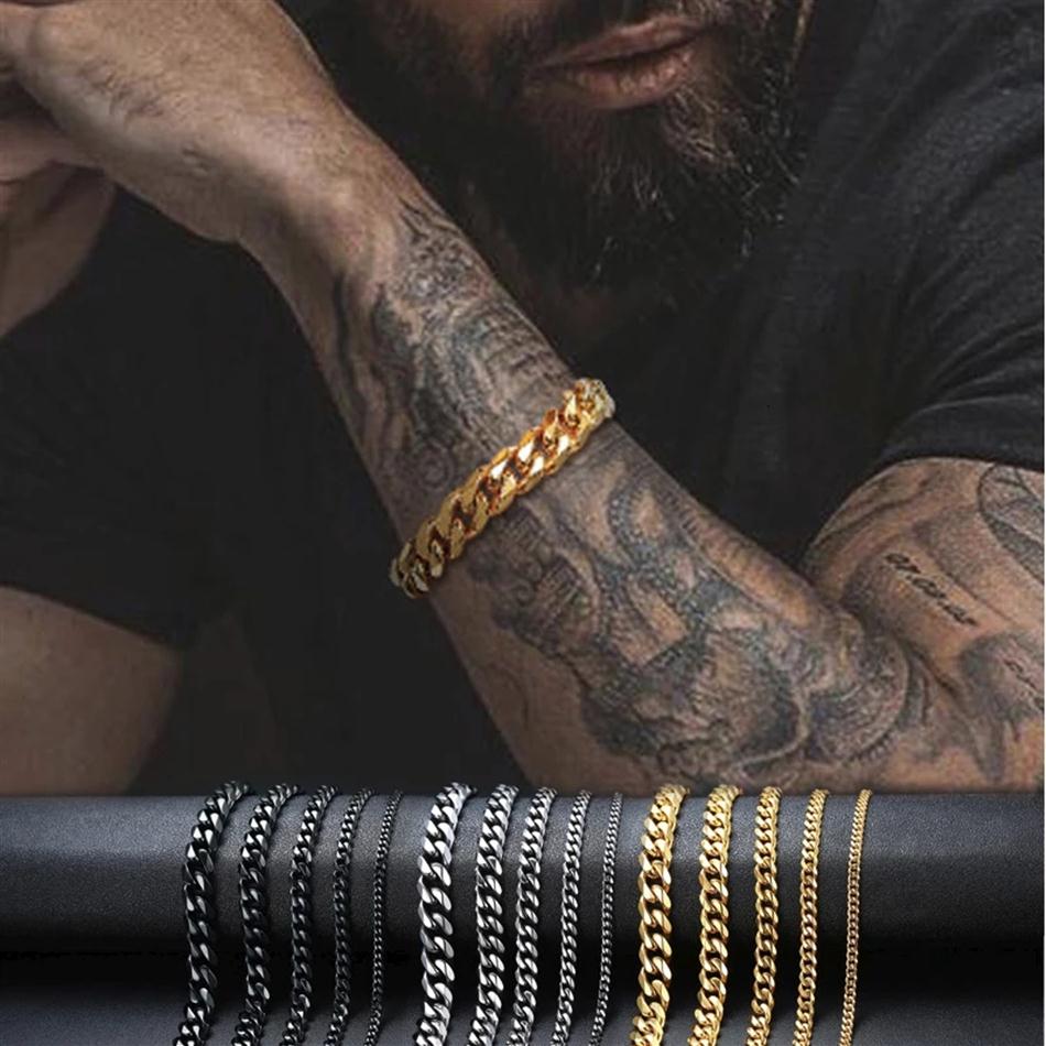 

3mm-11mm Mens 14K Gold Plated Bracelet Women Cuban Link Chains Stainless Steel Curb Silver Black Color Wrist Bracelets295c