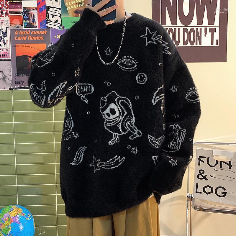 

Men's Sweaters Men Sweater Cartoon Pullover Cute Aliens Strawberry Knitted Couple O-Neck Casual Soft College Style Cool Boy Streetwear Begu2, Black