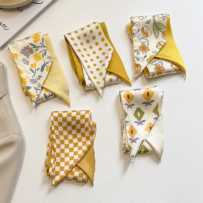 

Scarves Yellow Geometric Floral Print Silk Scarf Women Thin Neck Long Narrow Office Lady Shawl Bandanas Female Skinny Hairbands