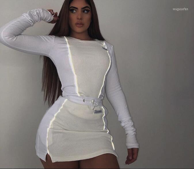 

Two Piece Dress Women Fashion Reflective Striped Patchwork Pieces Set White Full Sleeve Crop Top Bottom Skirts Outfit Tracksuit