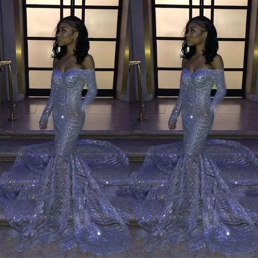 

Sparkly Sequins Prom Dresses Long Sleeves Mermaid Off the Shoulder Mermaid Custom Made Plus Size Evening Party Gown Formal Occasion Celebrity Wear vestidos 2022, Same as picture