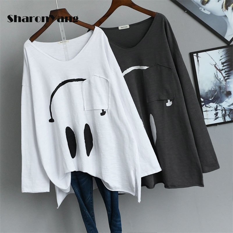 

Spring Large Size Loose Long Sleeve T-shirts Woman Cotton V-neck Casual Style T Shirt Plus Base Women Oversize Tops 220321, Smile gray