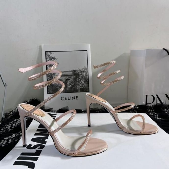 

RENE CAOVILLA Cleo open toe sandals crystal embellished spiral snake tail sandals twining rhinestone sandal women Top quality Pink orange stiletto heels shoes, Only a boxes