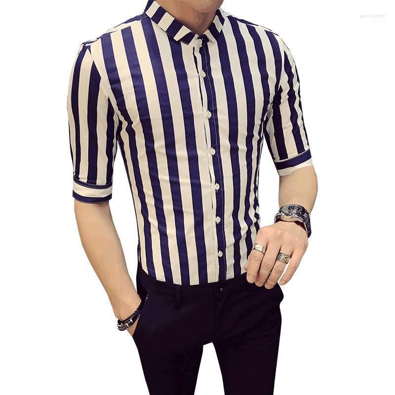 

High Quality Men Summer Social Shirt Dress Brand Slim Fit Striped Mens Shirts Half Sleeve Single Breasted Blouse Homme Men's Quin22, Black